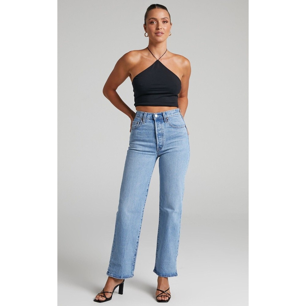 Levis Premium Womens Ribcage Straight Ankle Denim Jeans Blue High Waist Straight